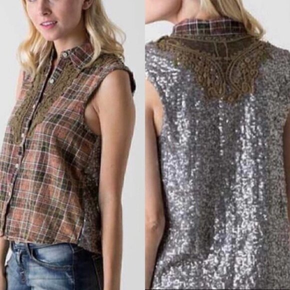 Gimmicks by BKE Plaid Button Down Sequin Back - Picture 1 of 4